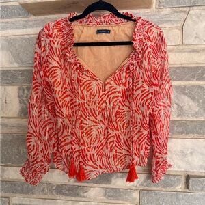 La Plage XS Boho Blouse Coral Zebra Print Tassel Tie 100% Viscose